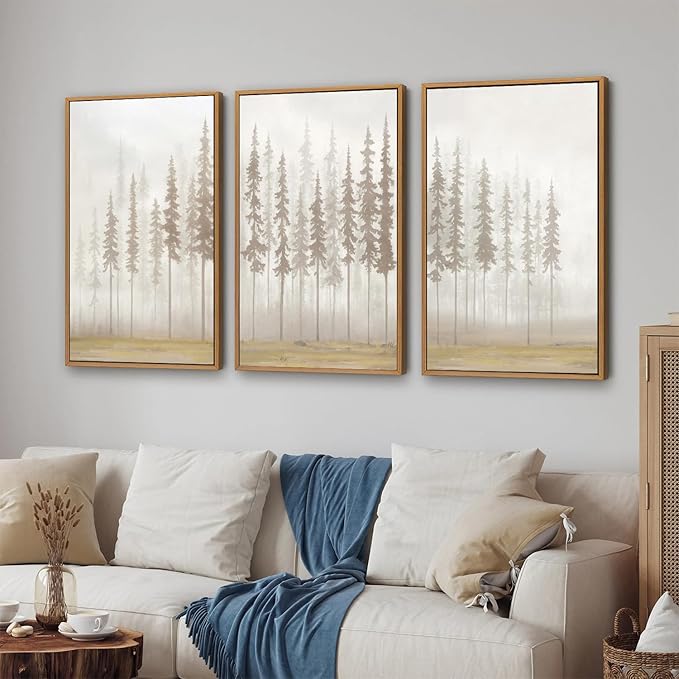 SIGNINART Large Pine Tree Framed Canvas Wall Art Set, Foggy Forest Landscape Wall Decor, Modern Beige Nature Artwork, Misty Forest Wall Painting for Living Room, Bedroom,Office 16 x24 x3-Ruum Studio Home