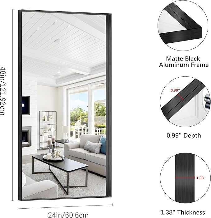 Black Bathroom Mirror, 24x48 Inch Rectangular Framed Mirror, Large Wall Mounted Bathroom Vanity Mirror Over Sink for Bedroom,Restroom, Living Room, Hangs Vertically or Horizontally-Ruum Studio Home