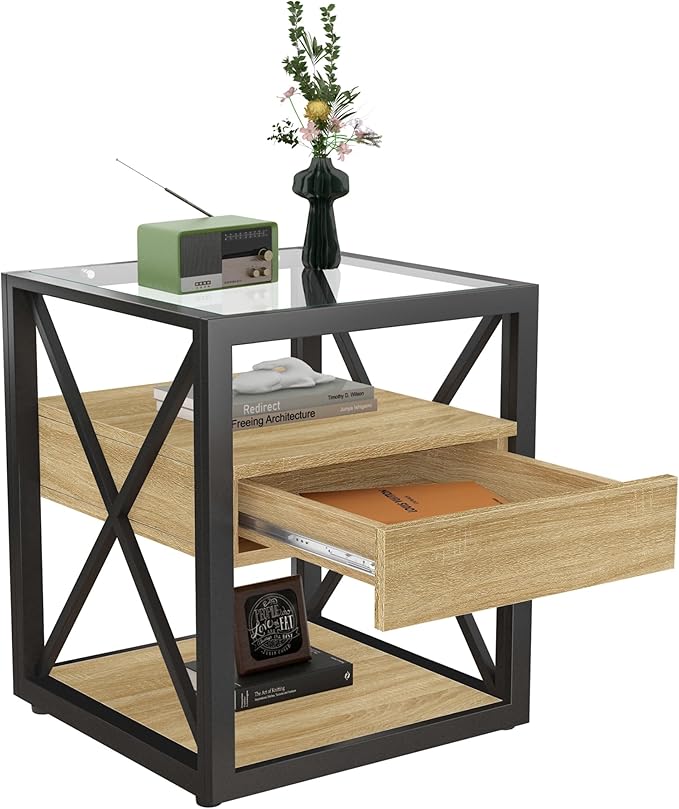Farmhouse End Table, Modern Side Table with Drawer&3-Tier Storage Shelf, Square Rustic Nightstand, Accent Tea Table, for Bedroom Office Living Room, Brown, Natural Wood, Glass, Metal-Ruum Studio Home
