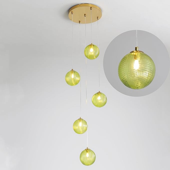 5-Light Chandelier, Globe Green Glass Flush Mount Pendant Light,15W Ceiling Hanging Light for Staircase Foyer Entryway Living Room Hotel Kitchen Island（3000K,G9 Bulbs Include）-Ruum Studio Home