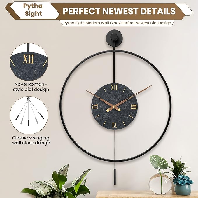 Large Modern Wall Clock,Wall Clocks for Living Room Decor,Classical Silent Metal Minimalist Walnut Dial,Big Decorative Farmhouse Pendulum Wall Clock With Walnut Pointers for Office,Dining Room-Ruum Studio Home