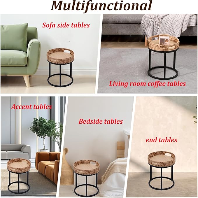 Nesting Coffee Table, Small Round Stacking Side Table with Metal Frame, Modern End Table for Living Room Bedroom Office Balcony (Rattan, 1)-Ruum Studio Home