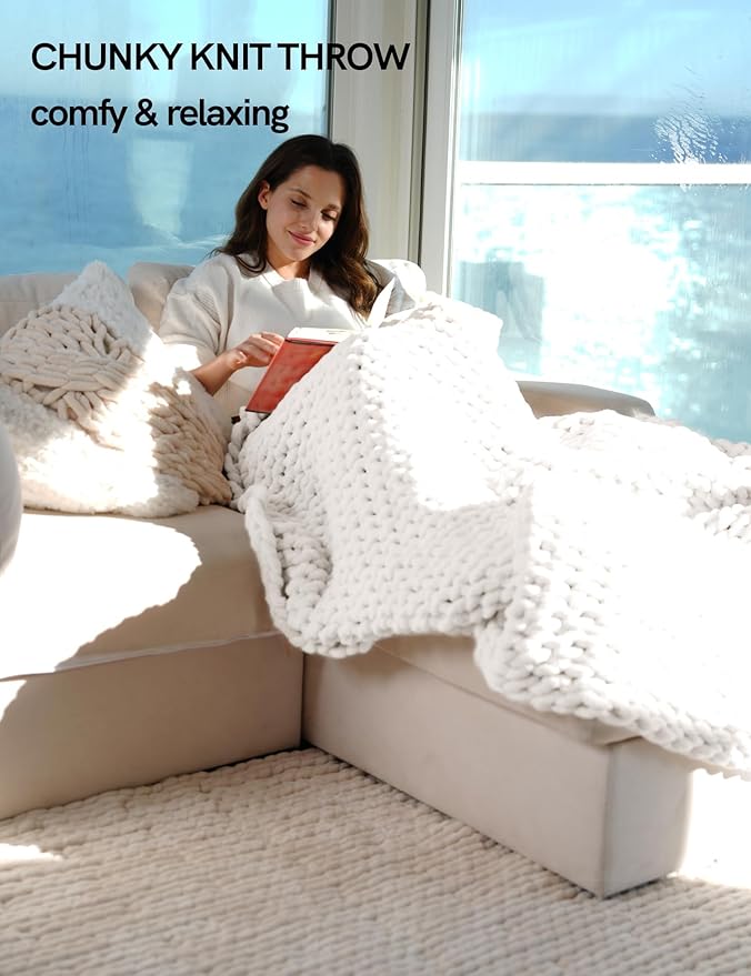 YnM Chunky Throw Blanket, Medium-Weight, Hand Knitted with Chenielle Yarn, Skin Friendly, Ventilated and Breathable, Machine Washable, Home Décor Piece for Couch, Sofa and Bed (White, 60x80 Inch)-Ruum Studio Home
