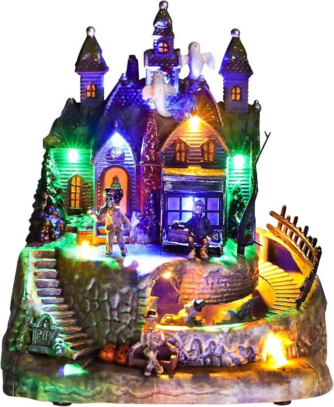 DREAM GARDEN Halloween Village Collection, Lighted Spooky Haunted House with Animated Train and Scary Sound Resin Spooky Town with Skull, Pumpkin, Ghost for Holiday Party Tabletop Decor-Ruum Studio Home