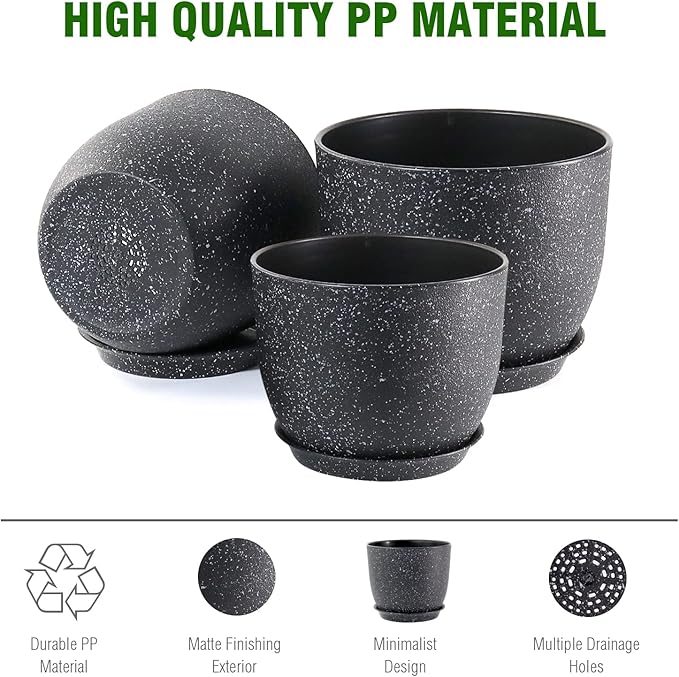 9/8/7.5 inch Plant Pots, Set of 3 Modern Decorative Plastic Planters with Drainage Holes and Saucer for Garden House Plants, Flower Pots for Indoor Outdoor Plants, Speckled Black-Ruum Studio Home