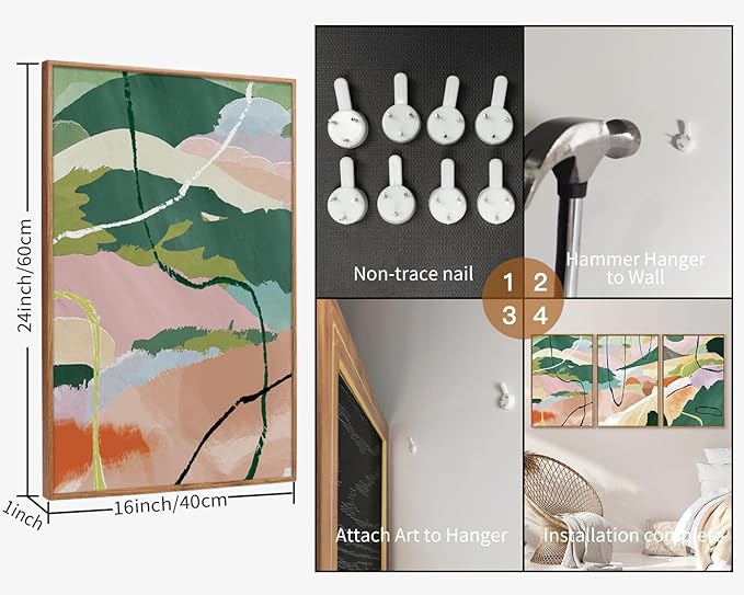 Tinonedraw Colorful Abstract Framed Canvas Wall Art Set of 3, Green and Pink Oils Inks Artwork, Neutral Modern Minimalist Wall Decor for Living Room, Bedroom, Office 16"x24"-Ruum Studio Home