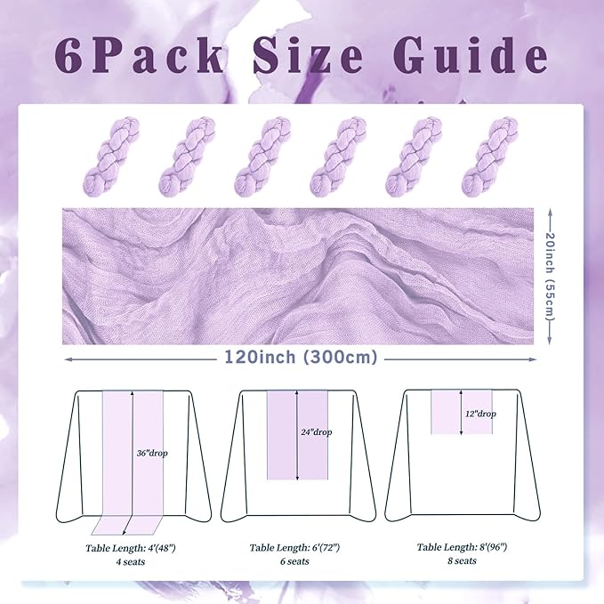 6 Pack Lilac Cheesecloth Table Runner 10FT Rustic Gauze Cheese Cloth Table Runner for Wedding 20 x 120 Inch Long Bridal Baby Shower Table Decor Boho Fabric Sheer Birthday Party Table Decorations-Ruum Studio Home