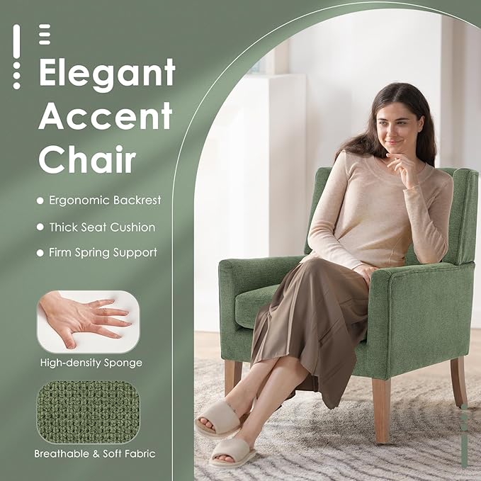COLAMY Modern Wingback Living Room Chair Set of 2, Upholstered Fabric Accent Armchair, Single Sofa Chair with Lounge Seat and Wood Legs for Bedroom/Office/Reading Spaces, Green-Ruum Studio Home