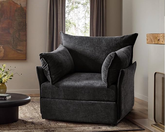 Oversized Accent Chair, Upholstered Modern Sofa Chair with Removable Backrest & Detachable Cover, 24.5" Deep Seat Large Reading Armchair for Living Room Bedroom Office - Chenille Black Set of 1-Ruum Studio Home