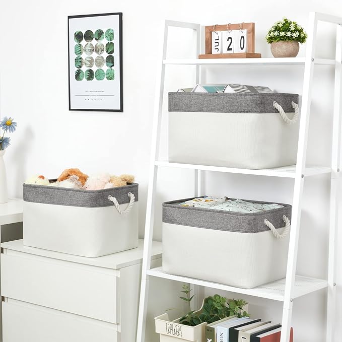 Bidtakay White Baskets with Cotton Rope Handles Decorative Storage Bins [3-pack] Fabric Bins for Organization Linen Closet Shelf Storage Baskets for Clothes Toys Towels 15 X 11 X 9.5 Inches-Ruum Studio Home