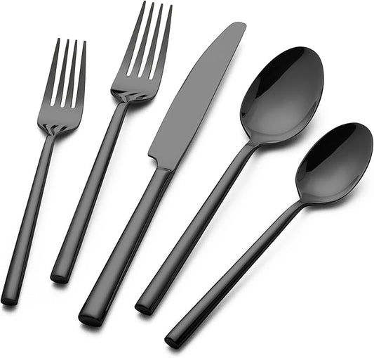 Alata Potter Black 20-Piece Forged Silverware Set with Utensil-Serving Set, Service for 4, Stainless Steel Flatware Set, Modern Design with Mirror Finish, Ideal for Home, Kitchen, Party, Camping-Ruum Studio Home