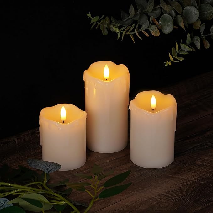 Homemory Dripping Wax Flameless LED Pillar Candles, Battery Operated with Remote Control and Timer, Set of 3, 5" H x 4" W x 6" D-Ruum Studio Home
