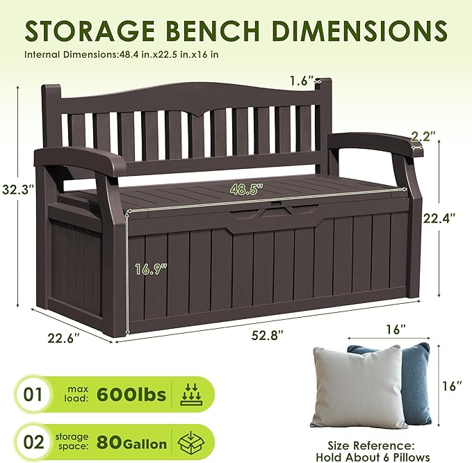 Greesum 80 Gallon Outdoor Storage Bench, Resin Patio Furniture with Armrest,Waterproof and UV-Resistant, Perfect to Garden, Poolside and Lawn, Dark Brown-Ruum Studio Home