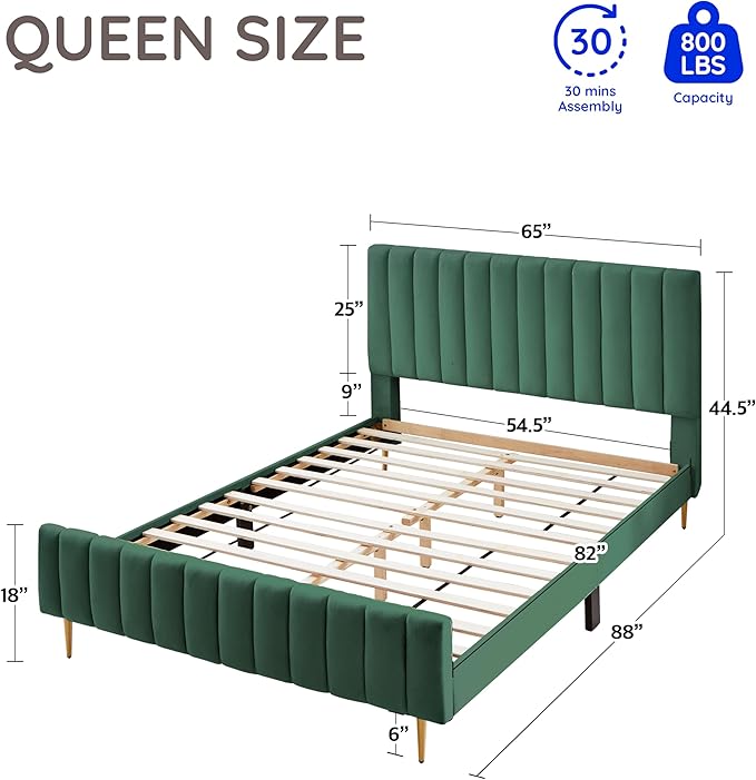 Livinia Queen Size Elton Velvet Platform Bed, Upholstered Bed Frame with Vertical Channel Tufted Headboard Footboard, Strong Wood Slats, No Box Spring Needed, Green (Queen)-Ruum Studio Home