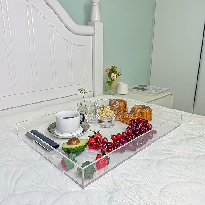 Clear Rectangular 14x20 Inches Acrylic Ottoman Tray Decorative Serving Tray with Cutout Handles Organizer Tray on Coffee Table Countertop Big Breakfast Bed Tray Living Room Appetizer Serving Food-Ruum Studio Home
