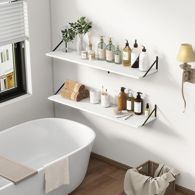 12 Inch Deep Floating Shelves, White Floating Shelves 48W x 12D, Deep Wall Shelves Bracket Set of 2, Large Display Hanging Floating Shelf for Bathroom, Living Room, Wide Storage Wooden Wall Shelf-Ruum Studio Home