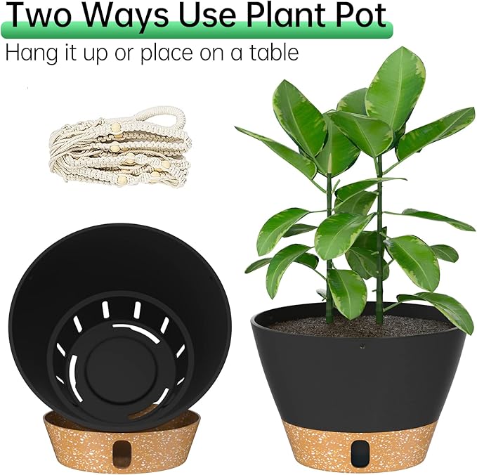 ZMTECH 2 Pack 10 Inch Hanging Planters with Macrame Plant Hanger for Indoor and Outdoor Plants, Self Watering, Drainage Hole, Visible Level Tray, Gray-Ruum Studio Home