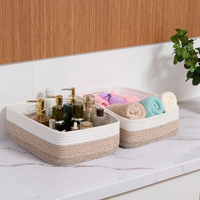 Large Shallow Organizing Baskets 15x11x5.1 Inches - Rope Woven Storage Bins for Bathroom, Shelves, Cube Closet, Gradient Brown 2 Packs-Ruum Studio Home