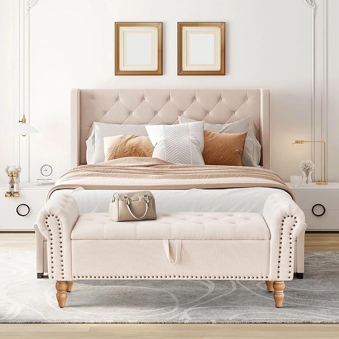 Furniliving 51” Storage Benches, End of Bed Bench with Button-Tufted Large Upholstered Storage Ottoman Linen Window Bench with Storage Shoe Cabinet Bench, for Bedroom, Entryway, Closet, Beige-Ruum Studio Home
