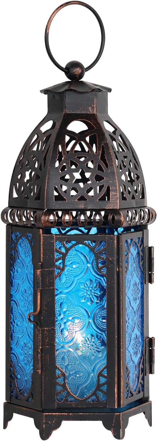 NEEDOMO Hanging Moroccan Lantern, 11'' Vintage Candle Holder, Metal Lanterns Decorative Indoor Outdoor, Table, Patio, Porch, Shelf, Gothic Home Decor (Blue, Medium Size)-Ruum Studio Home