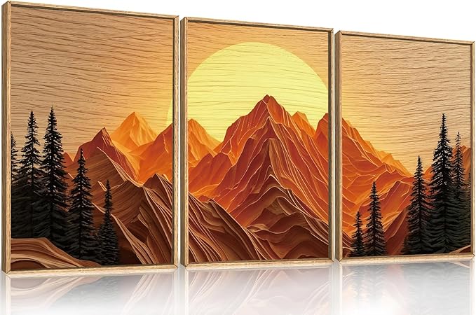 Large Mountain Framed Canvas Wall Art Set, Abstract Ridge Sun Painting, Boho Sunset Scenery Wall Decor,Modern Natural Landscape Art Print for Living Room,Bedroom,Office-16 x24 x3-Ruum Studio Home