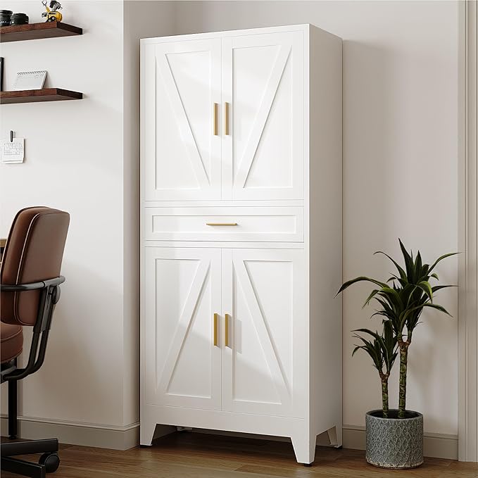 71 "Farmhouse Metal Filing Cabinet with a Drawer and 4 Adjustable Shelves, with 4 Large barn Door White Kitchen Cabinets, Metal Food Cabinets for Home, Kitchen, Dining/Living Room (White)-Ruum Studio Home