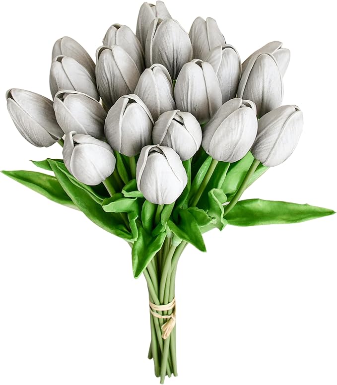 Mandy's Artificial Tulips 20 Stems Silver Grey PU Faux Flowers for Wedding Home Decor 13.5 Inch-Ruum Studio Home