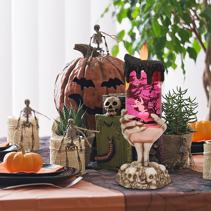Eldnacele Halloween Snow Globe Candles Lighted Lamp USB Powered Battery Operated Spooky Spinning Water Glittering Tornado Flameless Candles Skeleton Hand Holder Halloween Centerpiece Decor(Ghost)-Ruum Studio Home