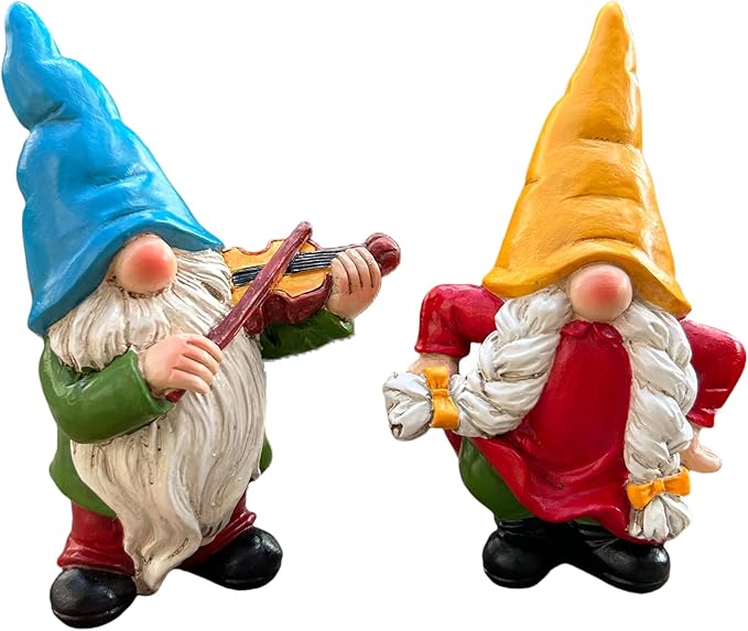 Garden Gnome Duo Decorative Figurines 5.5“ Ornament for Indoor Outdoor Home Garden Decor，Musical Violin Player and Dancing, Colorful Outdoor Statues, Set of 2-Ruum Studio Home