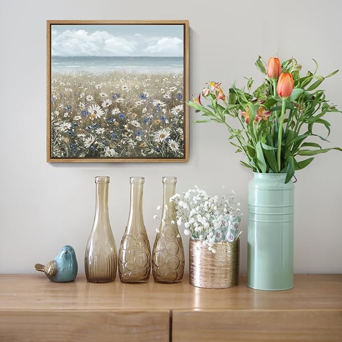 amatop Framed Wall Art Bathroom Décor Boho Beach Coastal Vintage Floral Wall Picture Flower Daisy Flowers by Sea Canvas Print Nautical Small Artwork For Home Farmhouse Living Room Bedroom Office-Ruum Studio Home