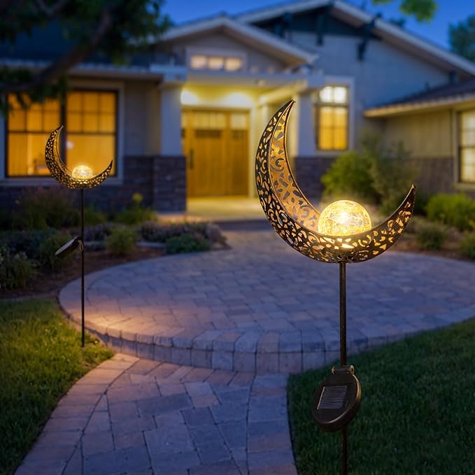 2Pack Moon Garden Solar Lights Outdoor Stakes Waterproof, Gifts for Mom, Crackle Glass Patio, Backyard Decorations, Balcony Lawn Ornaments, for Women Men Grandma (Bronze)-Ruum Studio Home