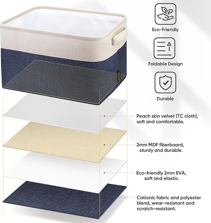 BALEINE 3 Pack Fabric Storage Bins for Shelves, Linen Storage Baskets for Organizing, Decorative Closet Bins for Clothes, Home (Navy Blue, 12"x8"x8")-Ruum Studio Home