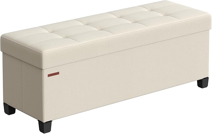 SONGMICS Storage Ottoman Bench, Foldable Foot Rest with Legs, 15 x 43 x 15.7 Inches, End of Bed Bench, Storage Chest, Load up to 660 lb, for Living Room, Bedroom, Entryway, Cream White ULSF018W01-Ruum Studio Home