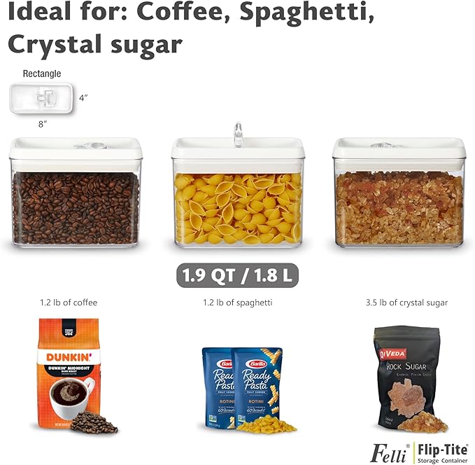 Felli Flip Tite Storage Container with Lid 4” RECTANGULAR Airtight Ring Flip Top, Stackable Kitchen Counter Pantry Organizer Acrylic Canister Jar for Pasta Spaghetti Cereal Granola Coffee (1.9qt)-Ruum Studio Home