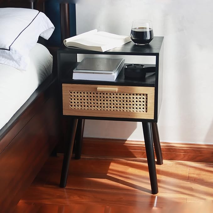MaxSmeo End Table with Storage Mid Century Nightstand with Rattan Drawer and Shelf, Wood Small Side Coffee Table for Small Space, Living Room and Bedroom, Easy Assembly (Black)-Ruum Studio Home