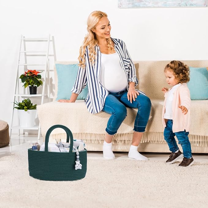 Baby Diaper Caddy Organizer for Girl Boy Rope Nursery Storage Bin Basket Portable Holder Tote Bag for Changing Table Car Travel Baby Shower Gifts Newborn Essentials Registry Must Have Items Dark Green-Ruum Studio Home