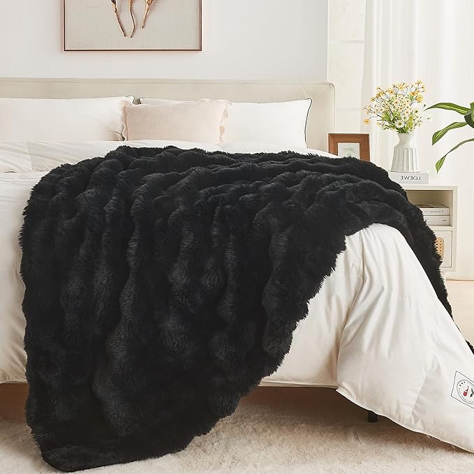 Lotus Karen Faux Fur Throw Blanket Black - Big Bubble Rabbit Fluff Blanket for Couch, Small Fluffy Fuzzy Cozy Blanket, Thick Furry Plush Shaggy Blankets, 50x60 Inches-Ruum Studio Home