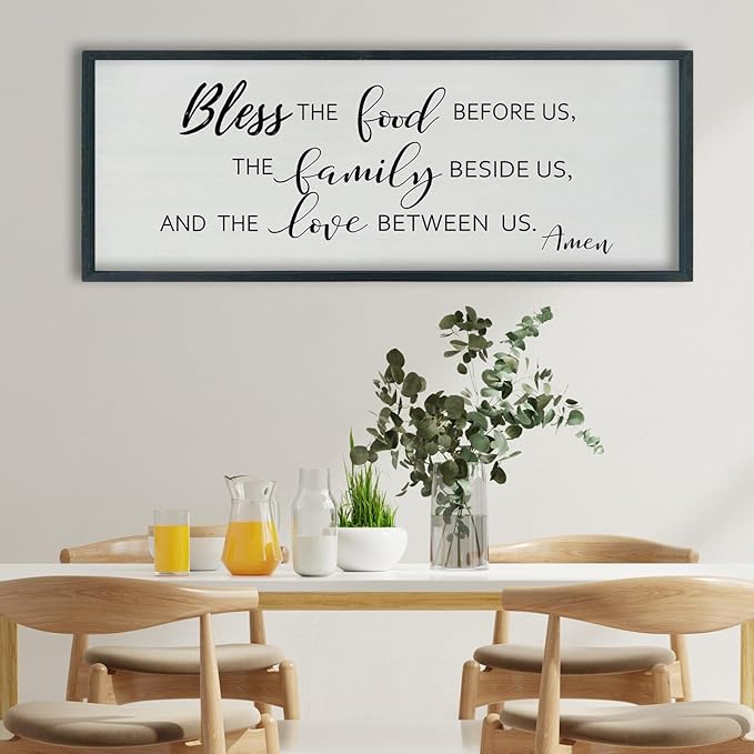 SRSZHIYUE Bless the Food Before Us Wall Sign Decor 40"×15" Christian Bible Verse for Farmhouse Rustic Kitchen Dining Room Framed Wood Scripture Religious Jesus Prayer Wall Art (Black)-Ruum Studio Home