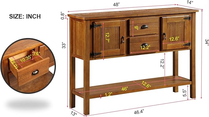 Solid Wood Farmhouse Console Table,Sofa Table with Storage Drawers and Shelves,Entryway Table for Entry Hallway Foyer,Fully Assembled (48" Brown)-Ruum Studio Home