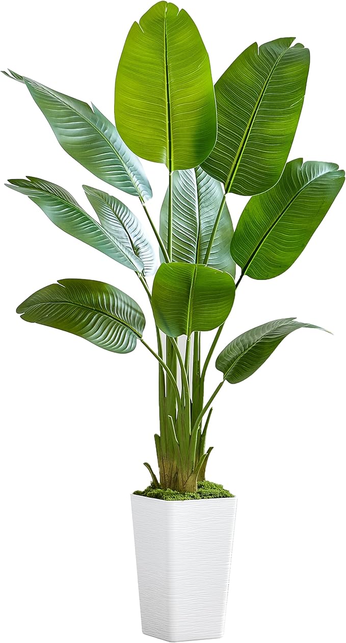 Lifelike Bird of Paradise Silk Artificial Plant Faux Banana Leaf Tree for Home Decor - Perfect Indoor Floor Plant with 9 Trunks (1, White Tall Planter, 5 FT)-Ruum Studio Home