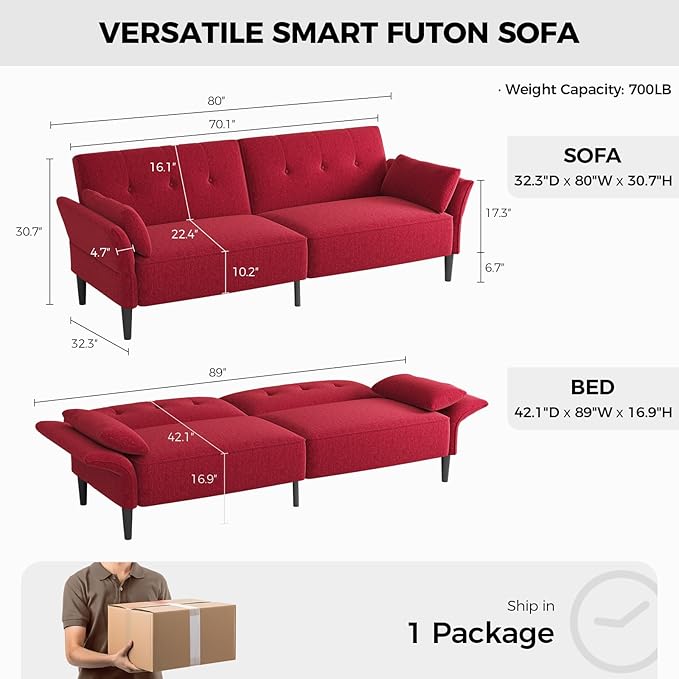 89” Futon Sofa Bed, Linen Comfy Futon Couch Bed with 2 Square Pillows, Convertible Sleeper Sofa with Adjustable Backrest& Armrests, Modern Loveseat Sleeper for Living Room, Bedroom, Red-Ruum Studio Home