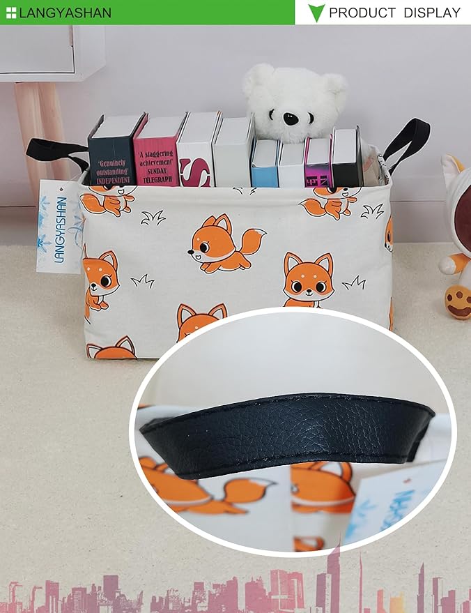 LANGYASHAN Rectangular Storage Bin Collapse Canvas Fabric Cartoon Storage Basket with Handles for Organizing Home Kitchen Boys and Girls Toys Office Closet Shelf Baskets(Rec Fox)-Ruum Studio Home