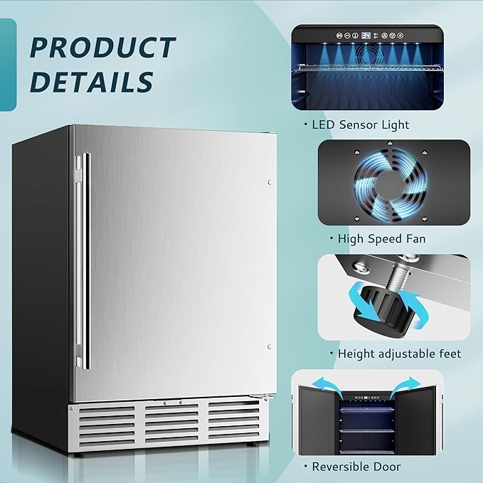 EUHOMY 24 Inch Beverage Refrigerator, Built-in and Freestanding Beverage Cooler 180 Can, Under Counter Beverage Fridge with Stainless Steel Door, Outdoor Refrigerator for Soda, Beer, Wine-Ruum Studio Home