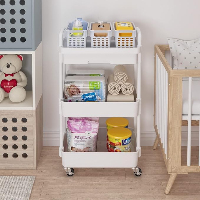 Calmootey 3-Tier Rolling Utility Cart with Drawer,Multifunctional Storage Organizer with Plastic Shelf & Metal Wheels,Storage Cart for Kitchen,Bathroom,Living Room,Office,White-Ruum Studio Home