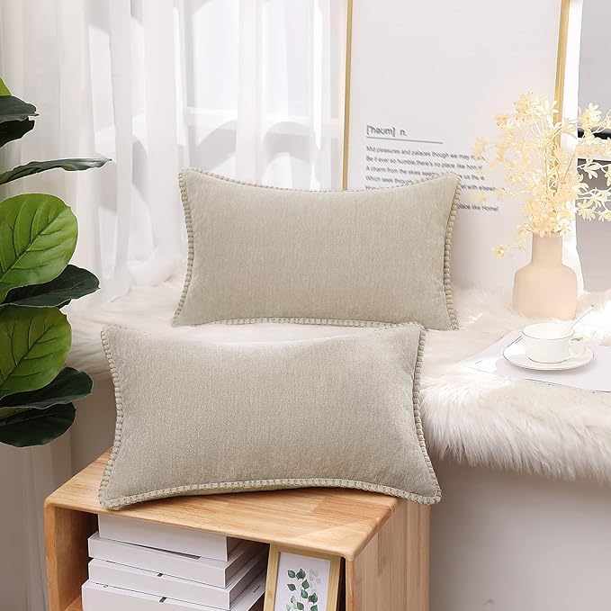 decorUhome Chenille Soft Throw Pillow Covers 12x20 Set of 2, Lumbar Velvet Farmhouse Neutral Decorative Euro Pillow Covers with Stitched Edge for Couch Sofa Bed Home Decor, Beige-Ruum Studio Home