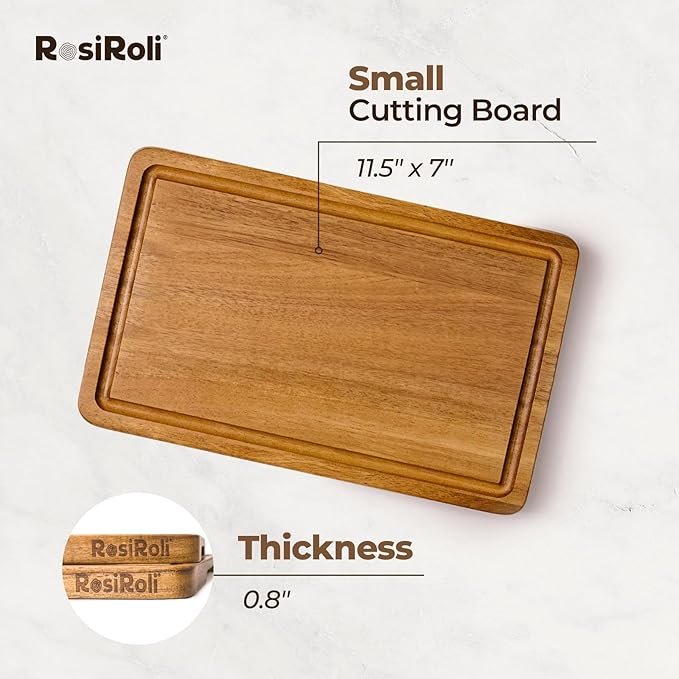Acacia Wood Cutting Board for Kitchen - 0.8 inch Thick Wood Charcuterie Cheese Board with Side Handles and Juice Grooves, Wooden Chopping Block for Meat and Veggies, 11.5x7 inch-Ruum Studio Home