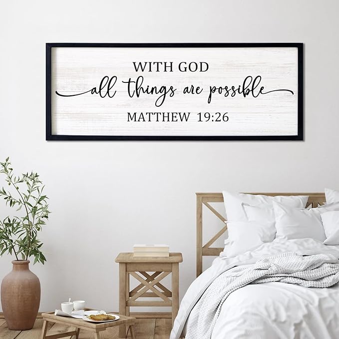 With God All Things are Possible Framed Wall Art, 40''×15'' Positive Holy Religious Rustic Bible Verse for Christian God Jesus Christ Prayer, Vintage Horizontal Inspirational Catholic Scripture Decor-Ruum Studio Home