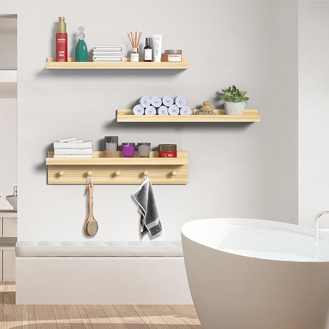 MBYD Natural Wood Floating Shelves, Unfinished Wood Picture Ledge, 24 Inch Picture Ledge for Kids Room, Floating Nursery Book Shelf with Hooks for Living Room, Kitchen, Bathroom-Ruum Studio Home