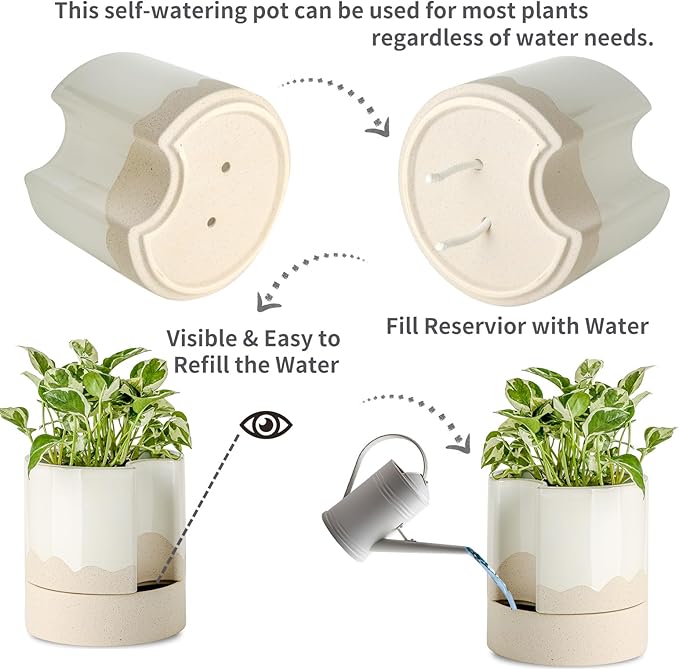 Nihow Self Watering Plant Pot: 8 Inch Ceramic Planter with Drainage Hole & Water Storage Plus for Indoor & Outdoor Plants - Cylinder Round Flower Pot for Succulent/Herbs/Violets - White & Wave Nature-Ruum Studio Home