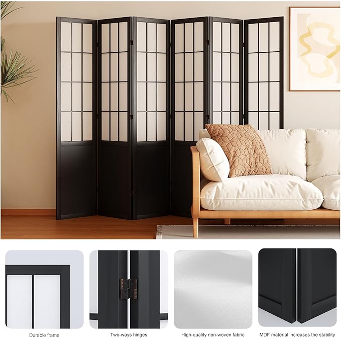 Room Divider, 66.9Inch Tall Japanese Shoji Style Folding Wood Screen with Double Hinges for Home Office Bedroom Hotel Decoration (6Panels, Black)-Ruum Studio Home
